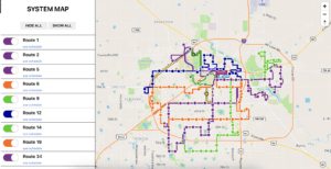 Lubbock Lease Homes: A city transit system map is perfect for anyone moving to Lubbock, showing color-coded bus routes over city streets. A left panel lists routes 1, 2, 5, 6, 9, 14, 19, 22, and 34 with “see schedule” links and buttons to hide or show routes.