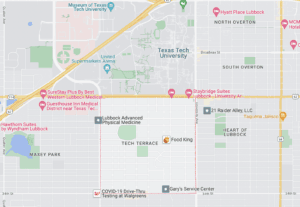 Lubbock Lease Homes: Map showing the area around Texas Tech University in Lubbock, perfect for those moving to Lubbock. Highlights Tech Terrace and notable spots like Food King, Walgreens, hotels, restaurants, and parks. Streets and landmarks are clearly labeled.