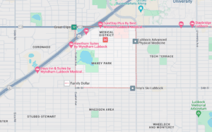 Lubbock Lease Homes: Map showing the Medical District in Lubbock, Texas, outlined in red, with nearby hotels, parks like Maxey Park, businesses, and main streets labeled—perfect for choosing a Lubbock neighborhood close to the city's key amenities.