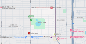 Lubbock Lease Homes: Map showing the area around Clapp Park in Lubbock, Texas—close to businesses like Walgreens, The Home Depot, Taco Bell, and more—making it one of the best neighborhoods for students in Lubbock.