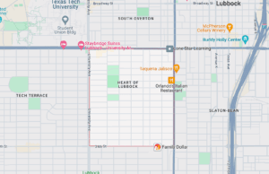 Lubbock Lease Homes: A map of the Heart of Lubbock area in Lubbock, Texas, is perfect for choosing a Lubbock neighborhood, with streets, landmarks like Texas Tech University, Family Dollar, Buddy Holly Center, and many local restaurants and hotels highlighted.