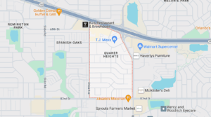 Lubbock Lease Homes: Map showing the Quaker Heights area outlined in red, highlighting family friendly neighborhoods Lubbock style, with nearby businesses like T.J. Maxx, Walmart Supercenter, BJs Restaurant & Brewhouse, Abuelo’s Mexican, and Sprouts Farmers Market. Major roads and parks are visible.