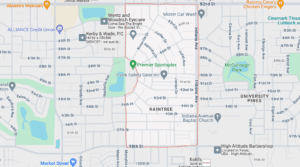 Lubbock Lease Homes: A map of the Raintree neighborhood in Lubbock, Texas—one of the family friendly neighborhoods Lubbock offers—bordered in red, showing nearby businesses, parks, streets, and landmarks such as Premier Sportsplex and McCullough Park.