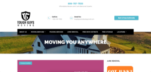 Lubbock Lease Homes: Screenshot of the Tough Guys Moving website homepage featuring their logo, contact info, a Get A Free Estimate button, and menu options. A large photo of a white house with MOVING YOU ANYWHERE highlights these top Lubbock movers for new residents.