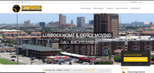 Lubbock Lease Homes: A website for one of the top Lubbock moving companies shows a cityscape of Lubbock, Texas, with buildings and apartments. Text reads “Lubbock Home & Office Moving. Call 806.370.3700.” Yellow “Get Your Free Quote” button is visible.