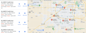 Lubbock Lease Homes: A Google Maps search result showing multiple Alliance Credit Union branch locations in eastern St. Louis, with addresses, phone numbers, business hours, and marked map pins. Several branches are currently closed.