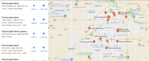 Lubbock Lease Homes: A map of Lubbock, Texas, displays multiple PlainsCapital Bank locations marked with red pins, alongside a list of bank branches on the left, showing their addresses, phone numbers, and operating hours.