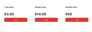 Lubbock Lease Homes: Three options for passes are shown—1 Day Pass for $3.50, Weekly Pass for $14.50, and Monthly Pass for $50—helping you manage the cost of living in Lubbock. Each has a red Pay button beneath the price.